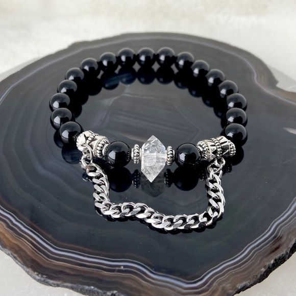 Silverskylight Jewelry - Herkimer diamond onyx & curb dangly chain bracelet